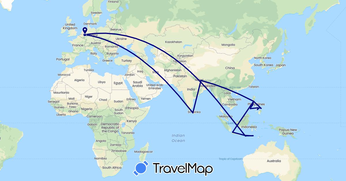 TravelMap itinerary: driving in Germany, Indonesia, Sri Lanka, Nepal, Philippines (Asia, Europe)